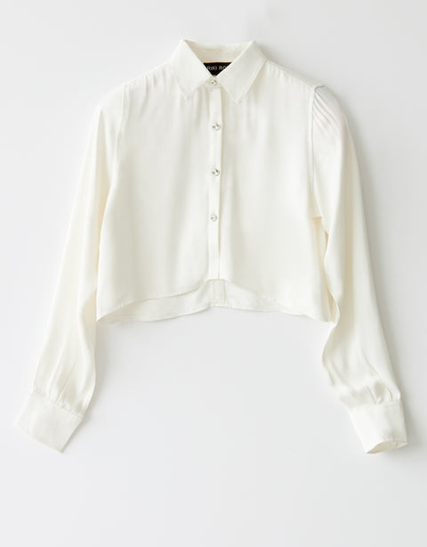 Peau De Soie Cropped Blouse with Jewel Buttons Ivory