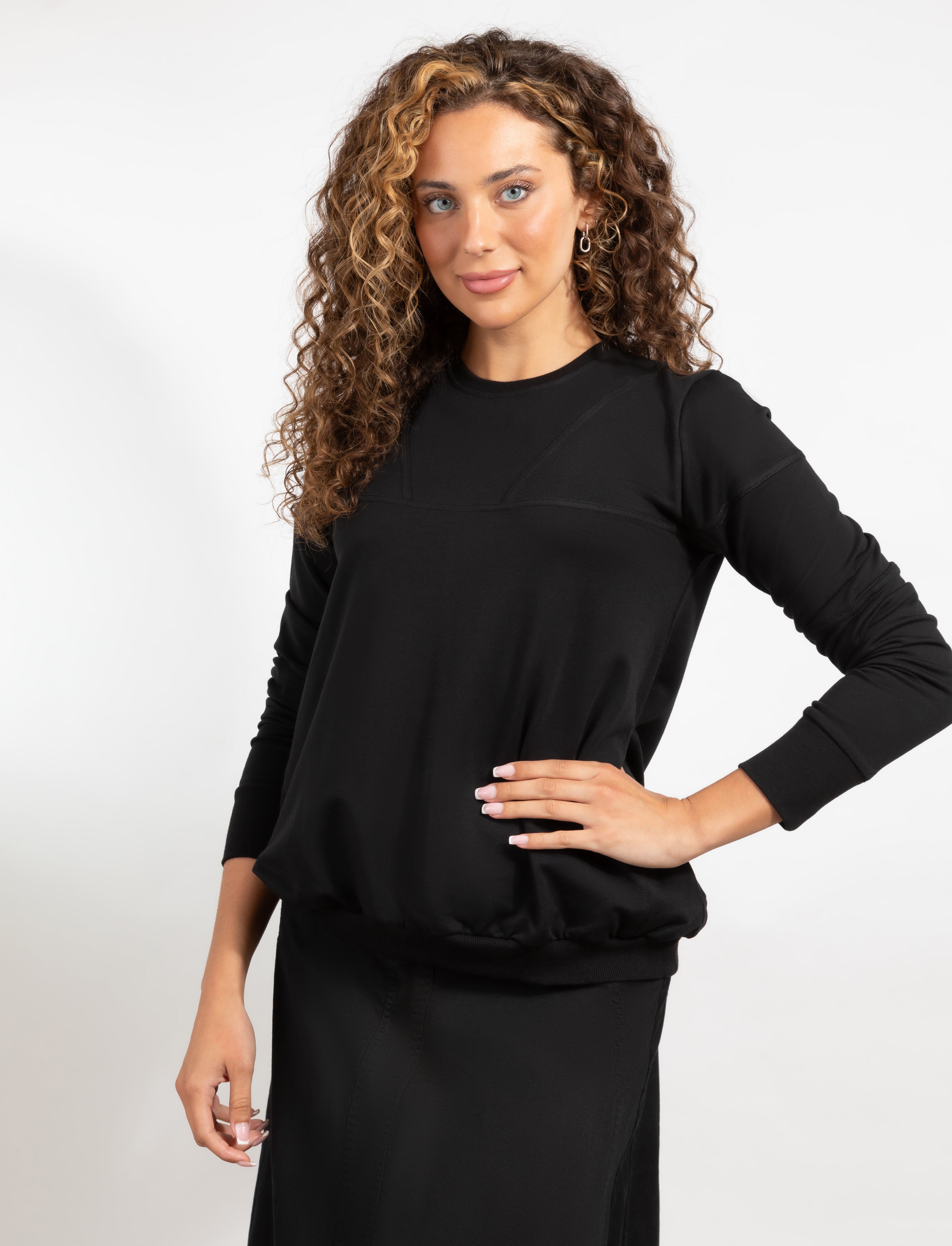 Black Long-Sleeve Top with Seam Details