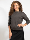 Dark Grey Long-Sleeve Top With Embroidered Floral Design