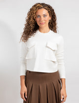 Cropped Ivory Long-Sleeve Top With Double Pocket