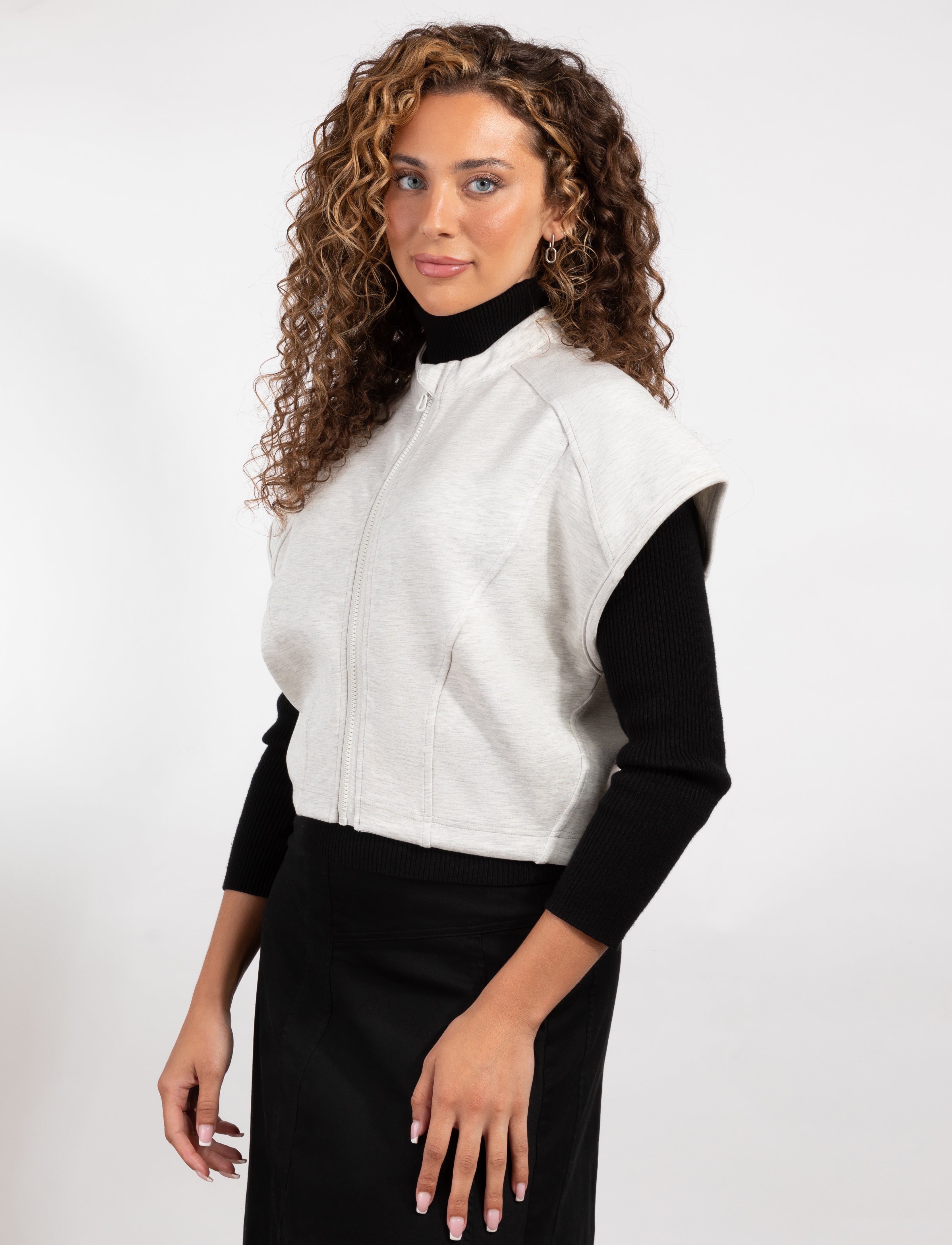 Zip-Front Vest With Wide Cap Sleeves White