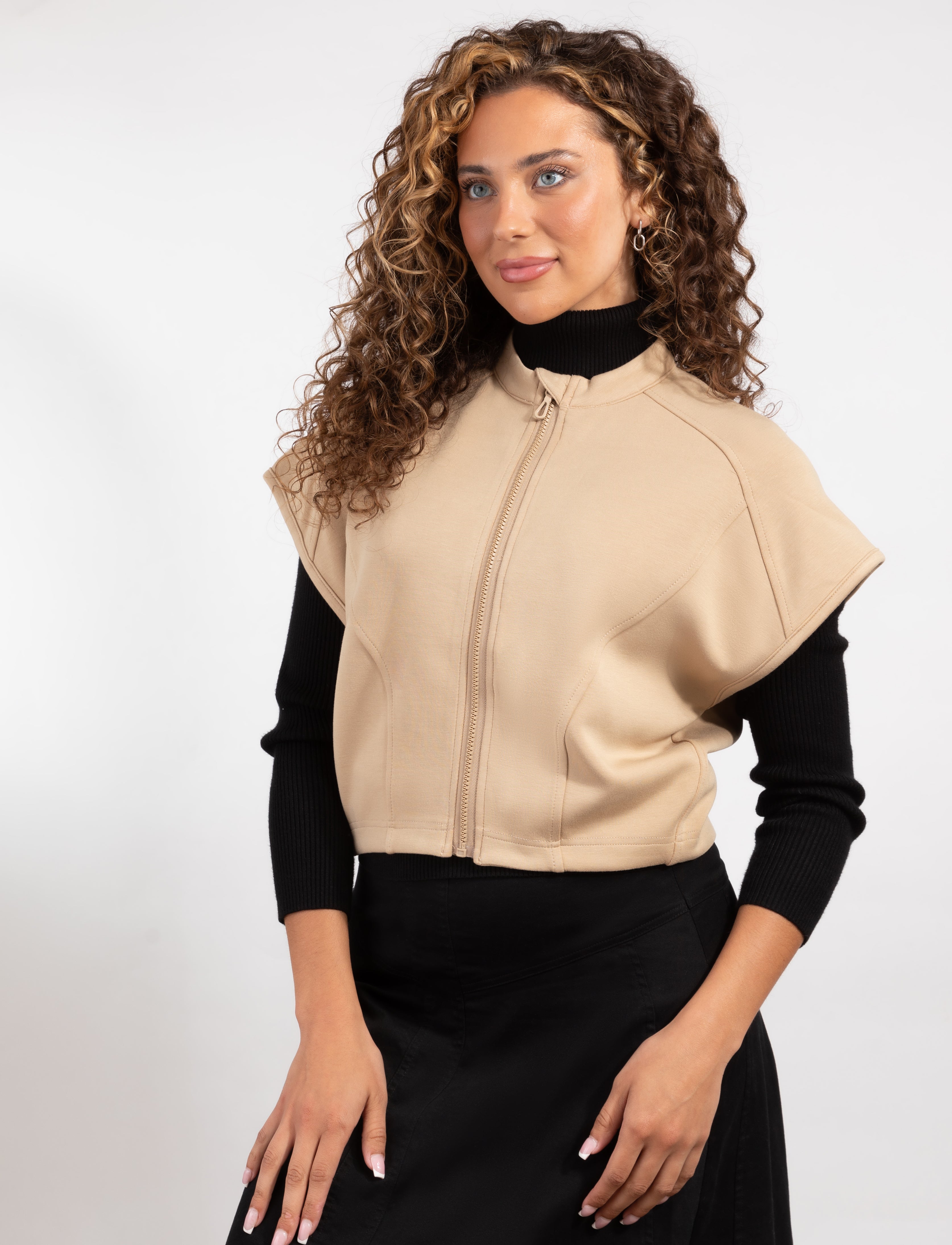 Zip-Front Vest With Wide Cap Sleeves Camel