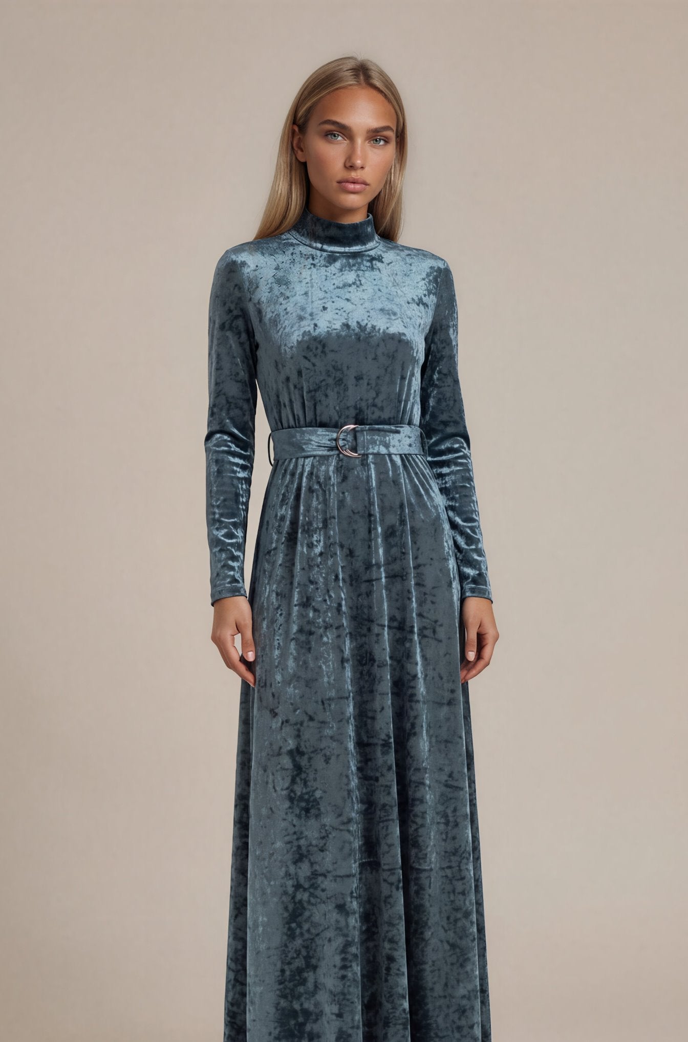 Elegant Light Blue Velvet Belted Maxi Dress