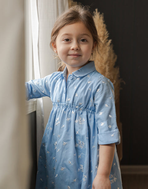 Girls Maxi Shirt Dress Shabbos Robe with Floral Embroidery Sky Blue