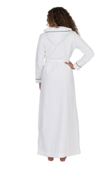 Long Terry Wrap Belted Bathrobe with Hood Piped Trim White Mocha