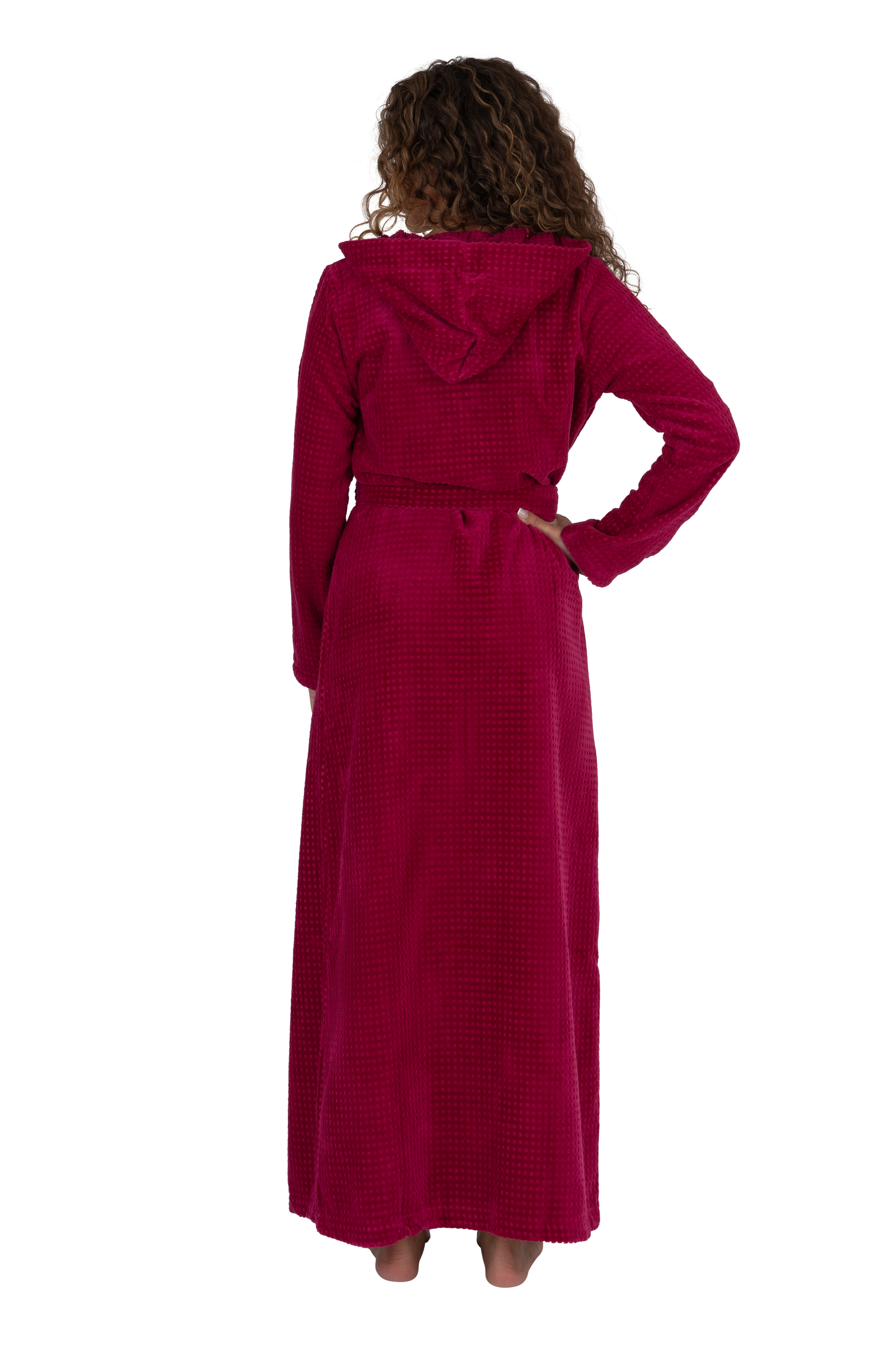 Terry Wrap Long Waffle Textured Belted Bathrobe With Hood Raspberry