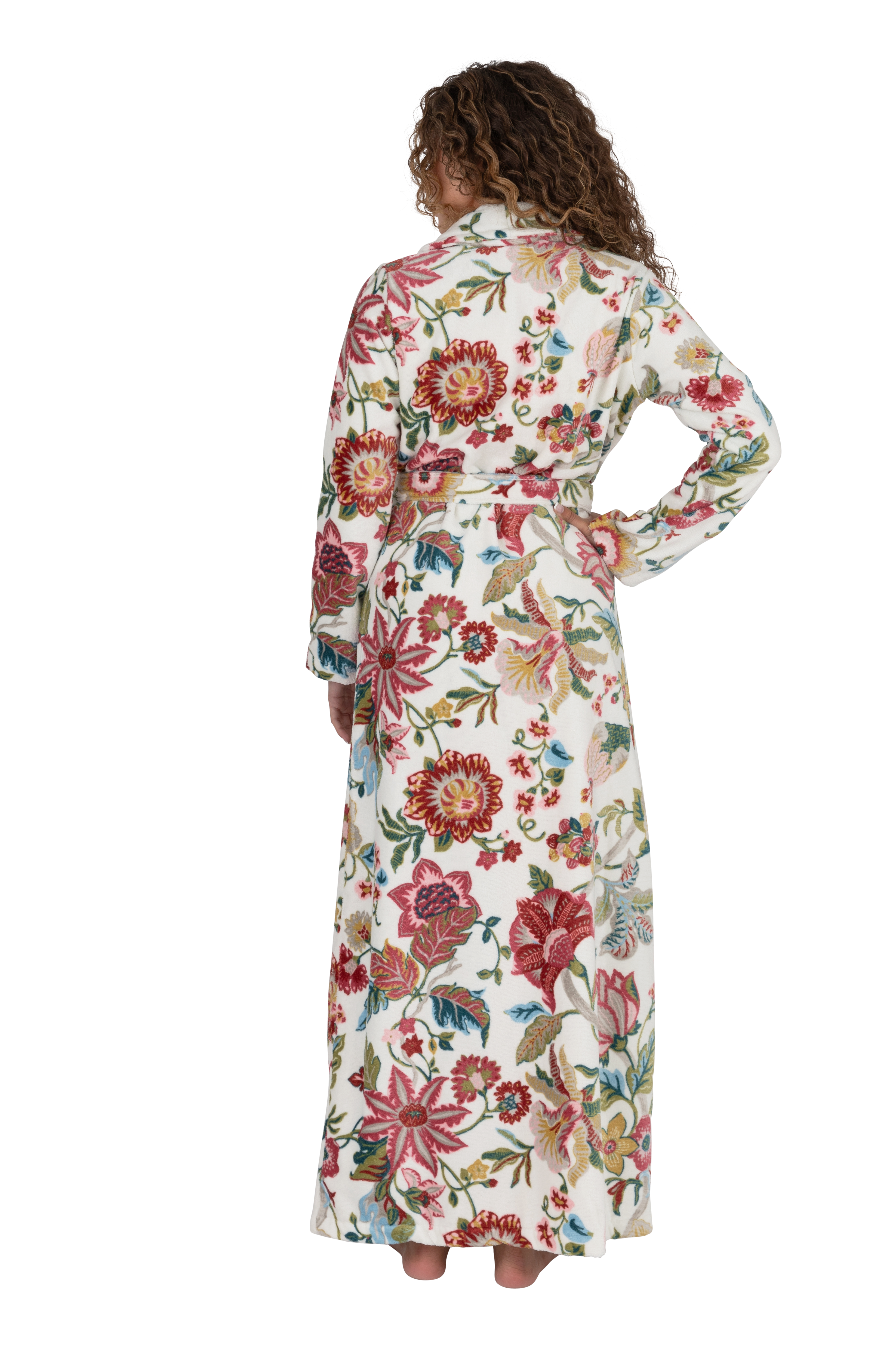 Terry Wrap Long Belted Bathrobe With Floral