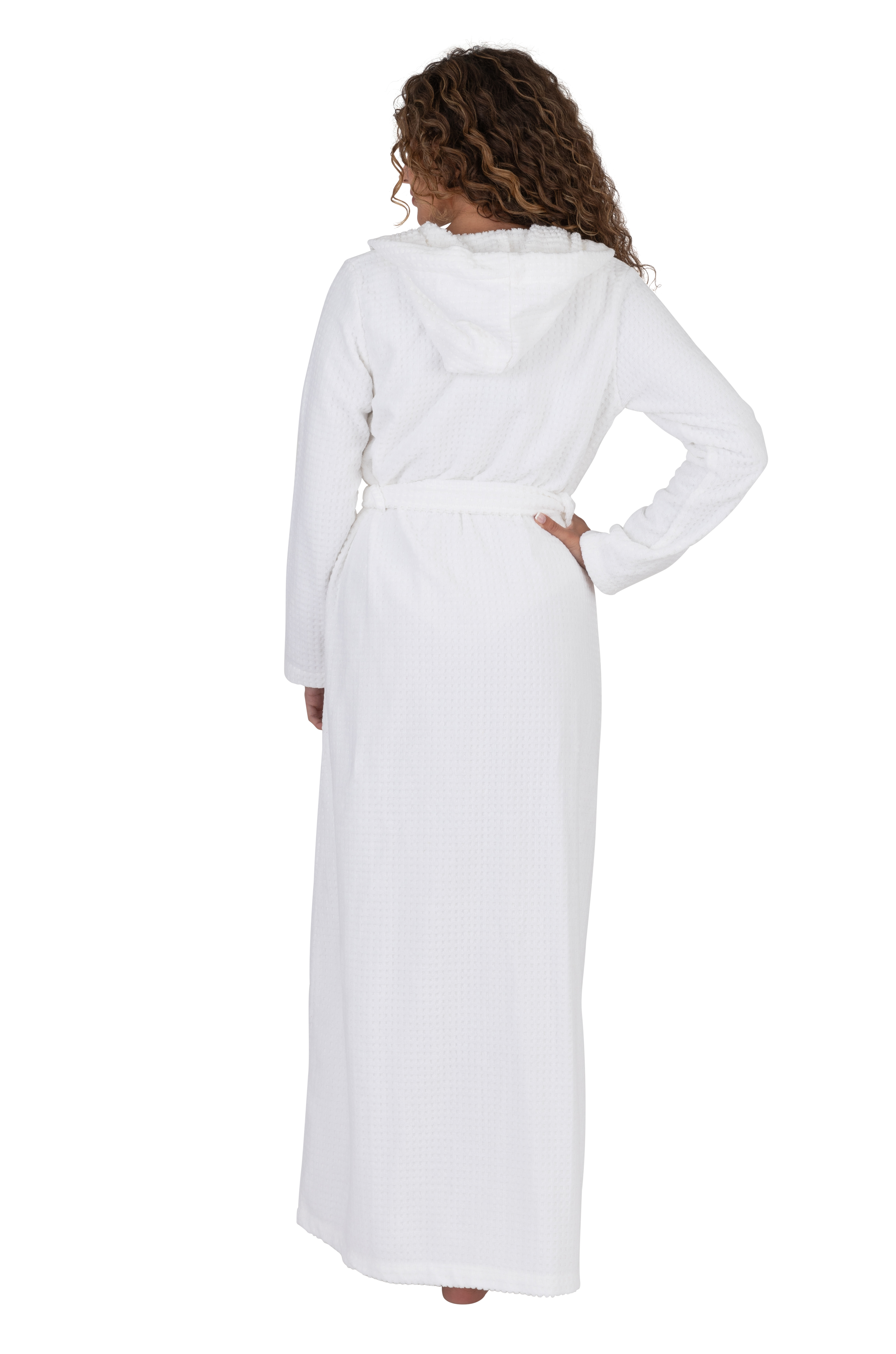 Terry Wrap Long Waffle Textured Belted Bathrobe With Hood White
