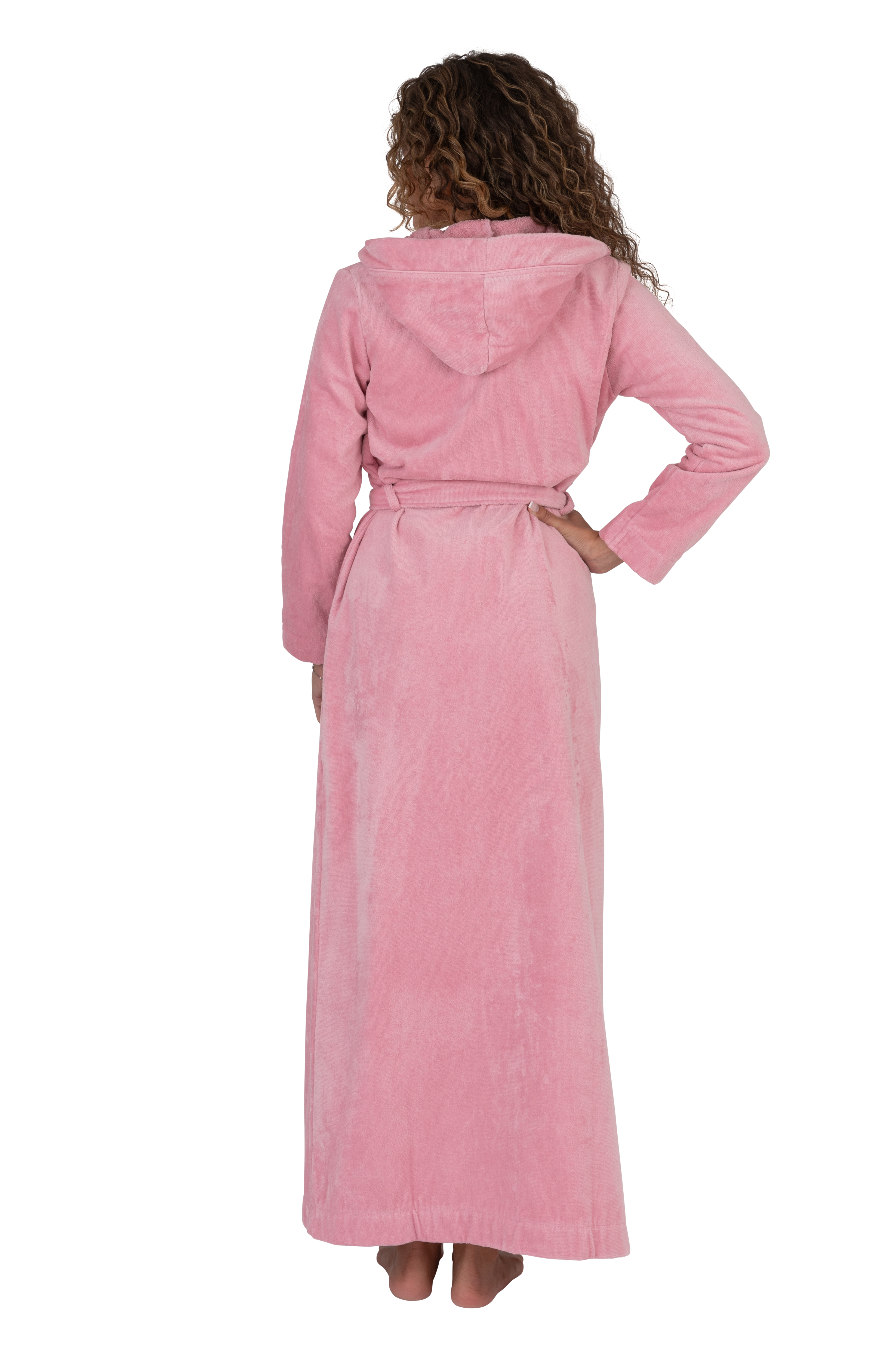 Terry Wrap Long Belted Bathrobe With Hood Pink