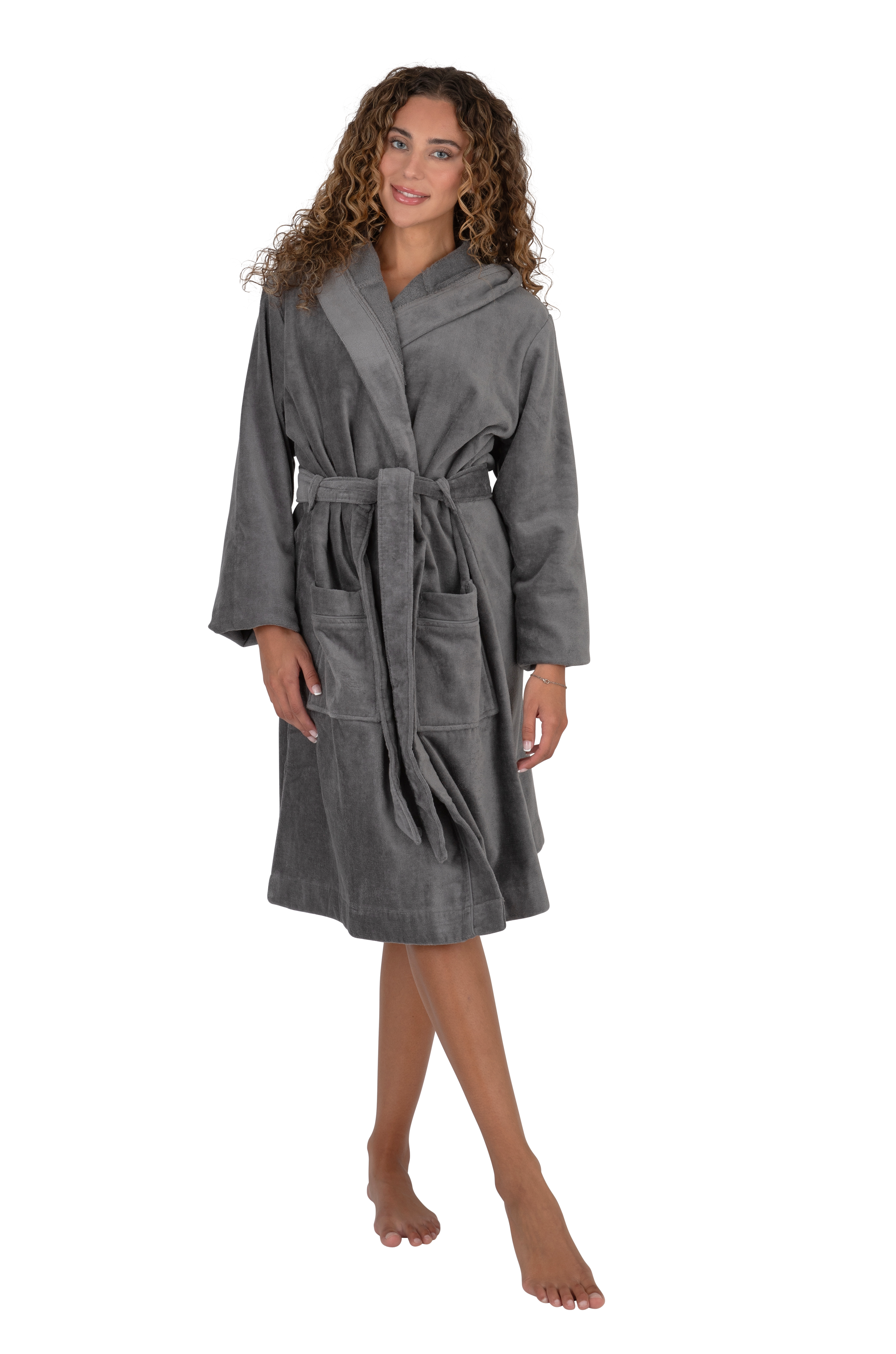 Terry Wrap Short Belted Hoodie Bathrobe with Piped Trim Gray