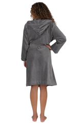 Terry Wrap Short Belted Hoodie Bathrobe with Piped Trim Gray