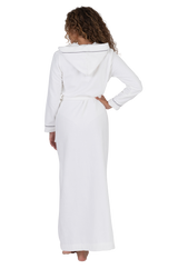Long Terry Wrap Belted Bathrobe with Hood Piped Trim White Gray