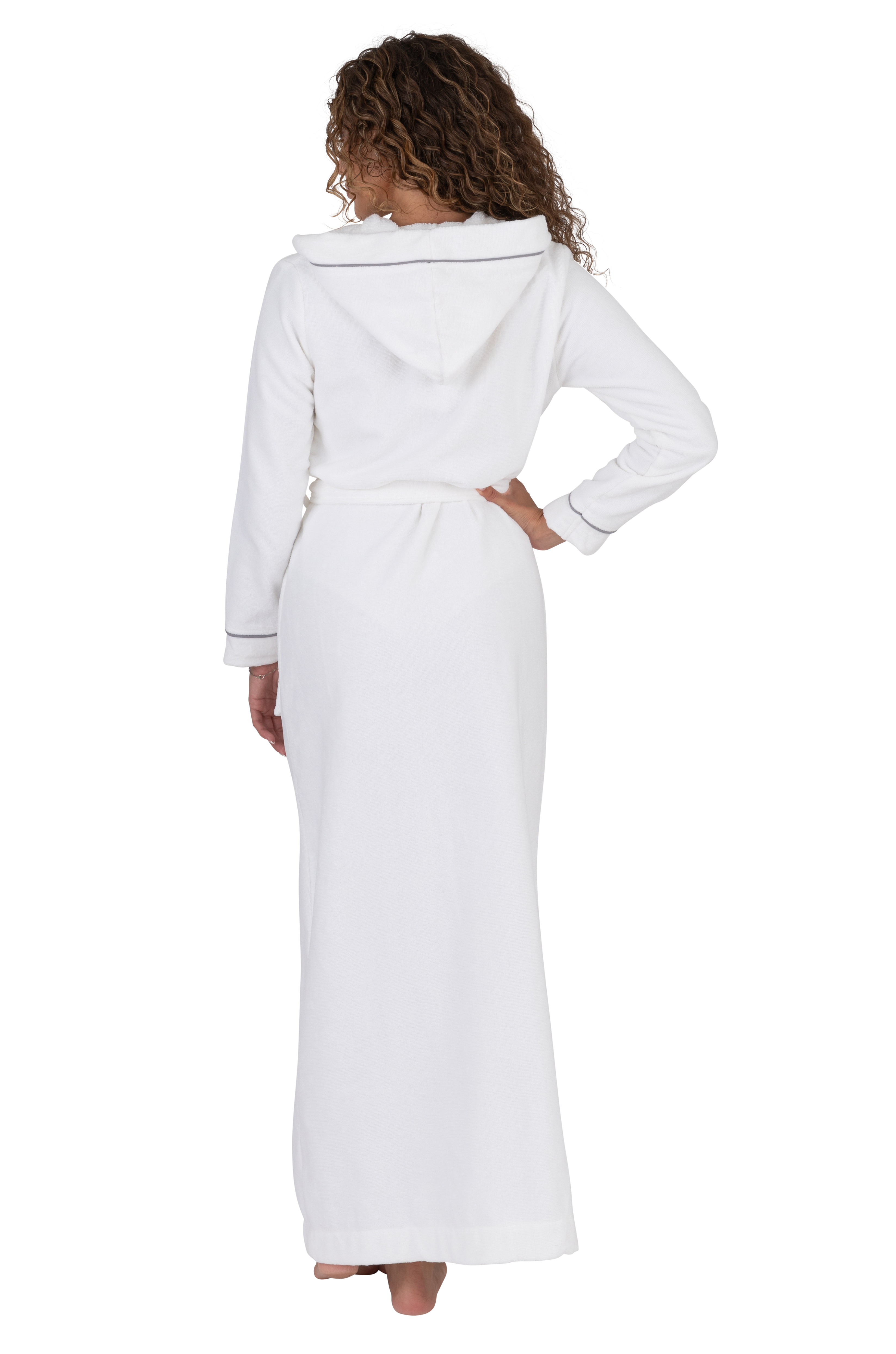 Long Terry Wrap Belted Bathrobe with Hood Piped Trim White Gray
