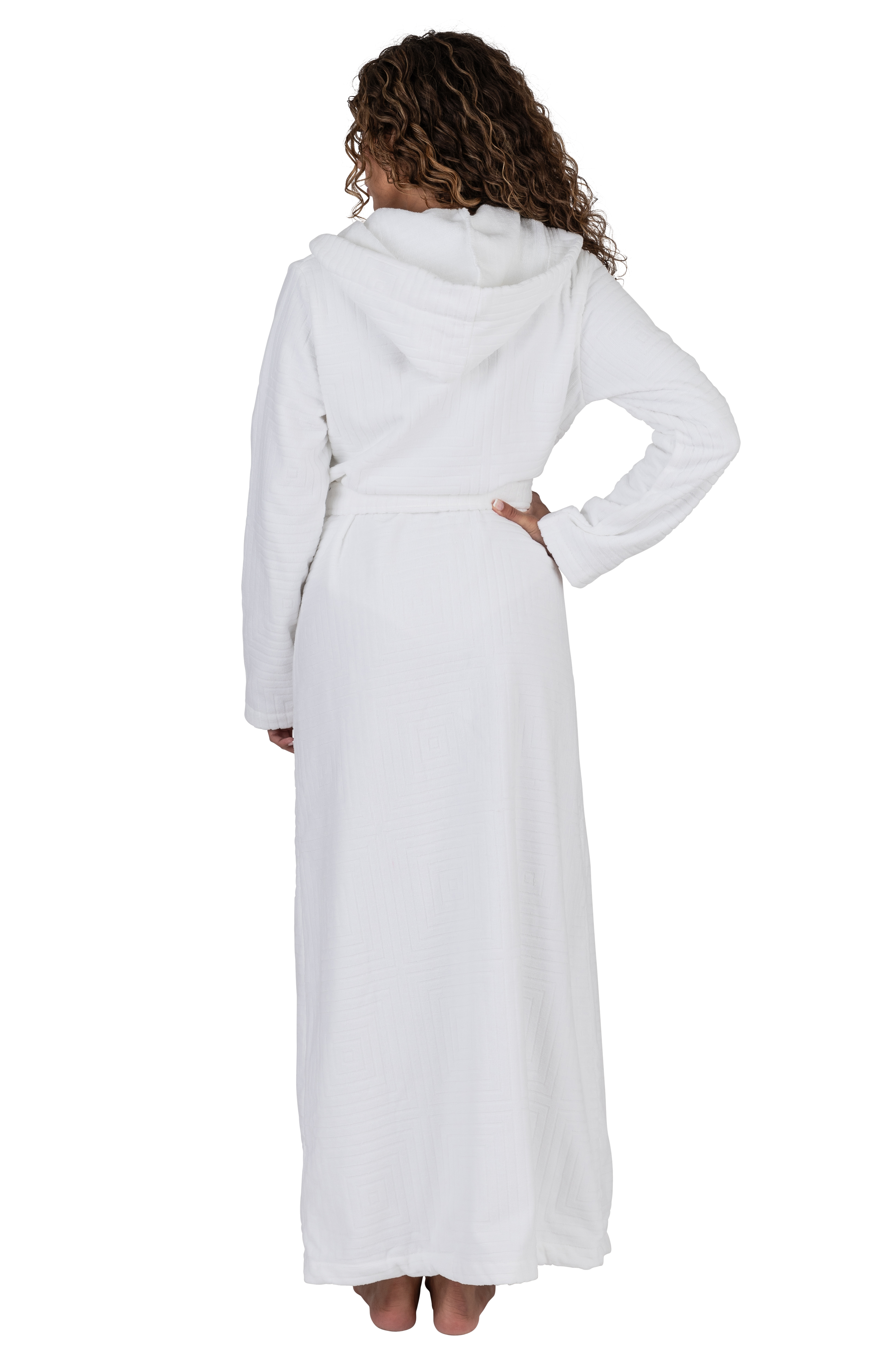 Terry Wrap Long Belted Bathrobe With Hood White
