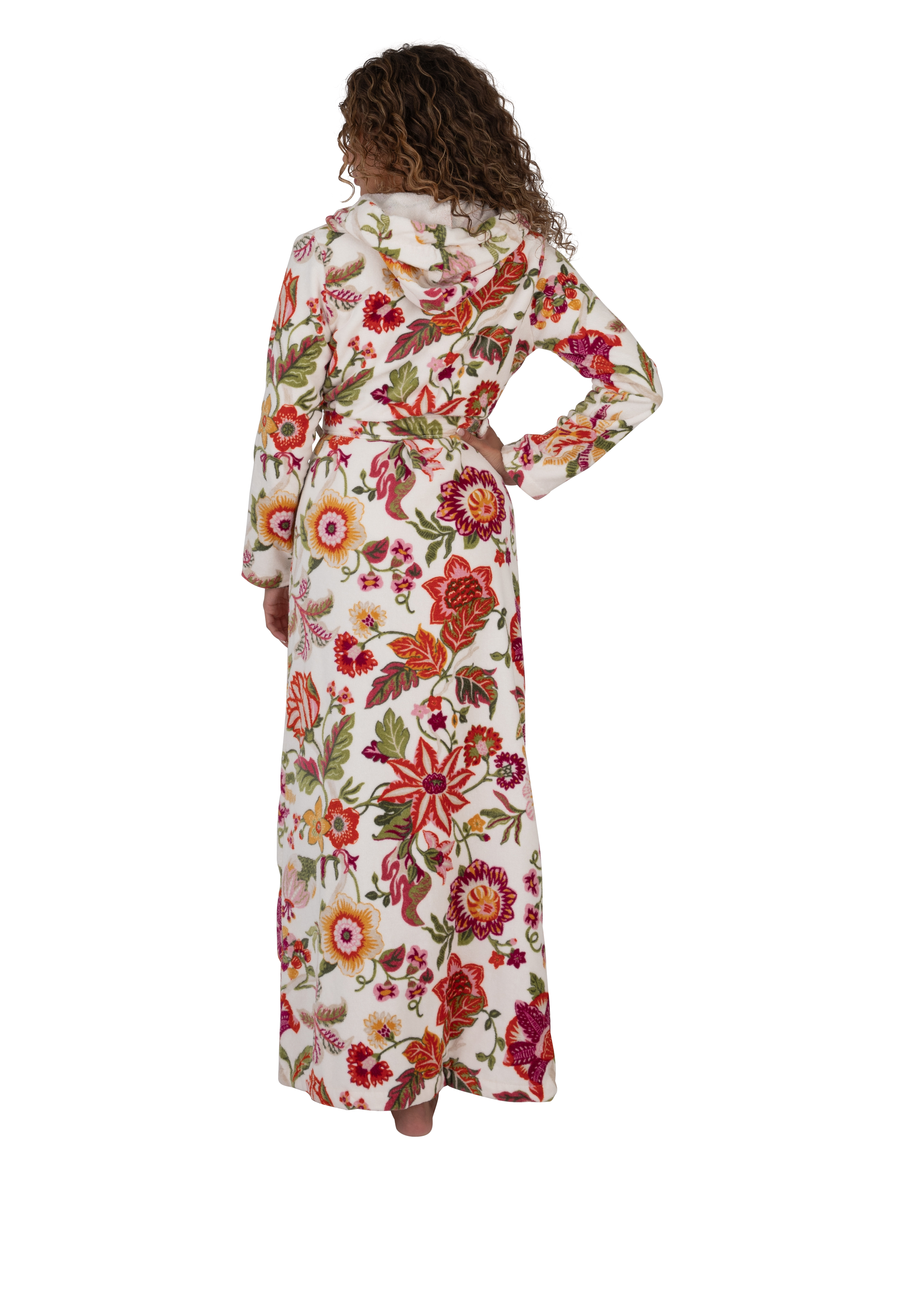 Terry Wrap Long Belted Bathrobe With Hood Floral