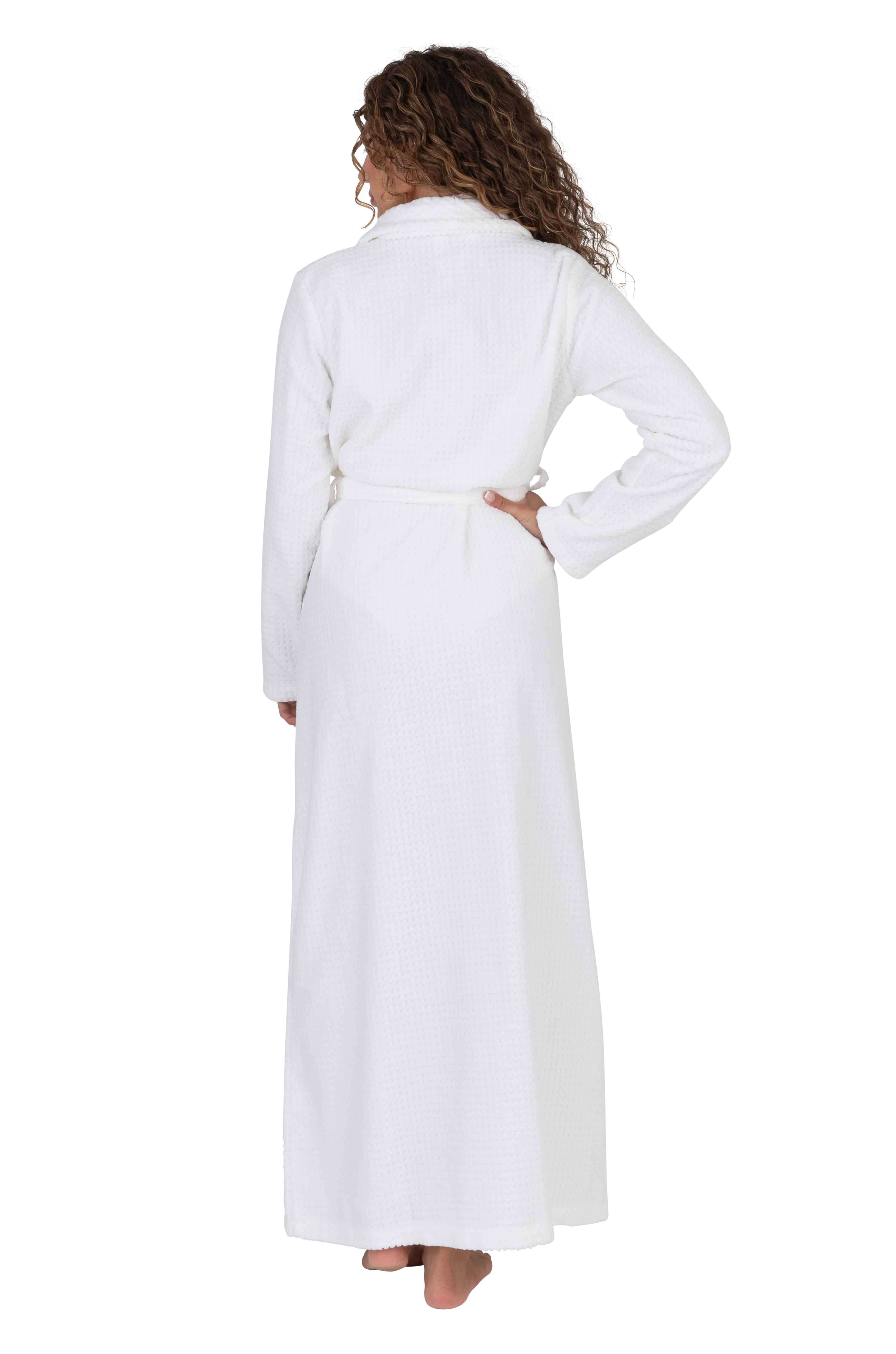 Terry Wrap Long Waffle Textured Belted Bathrobe With Shawl Collar White