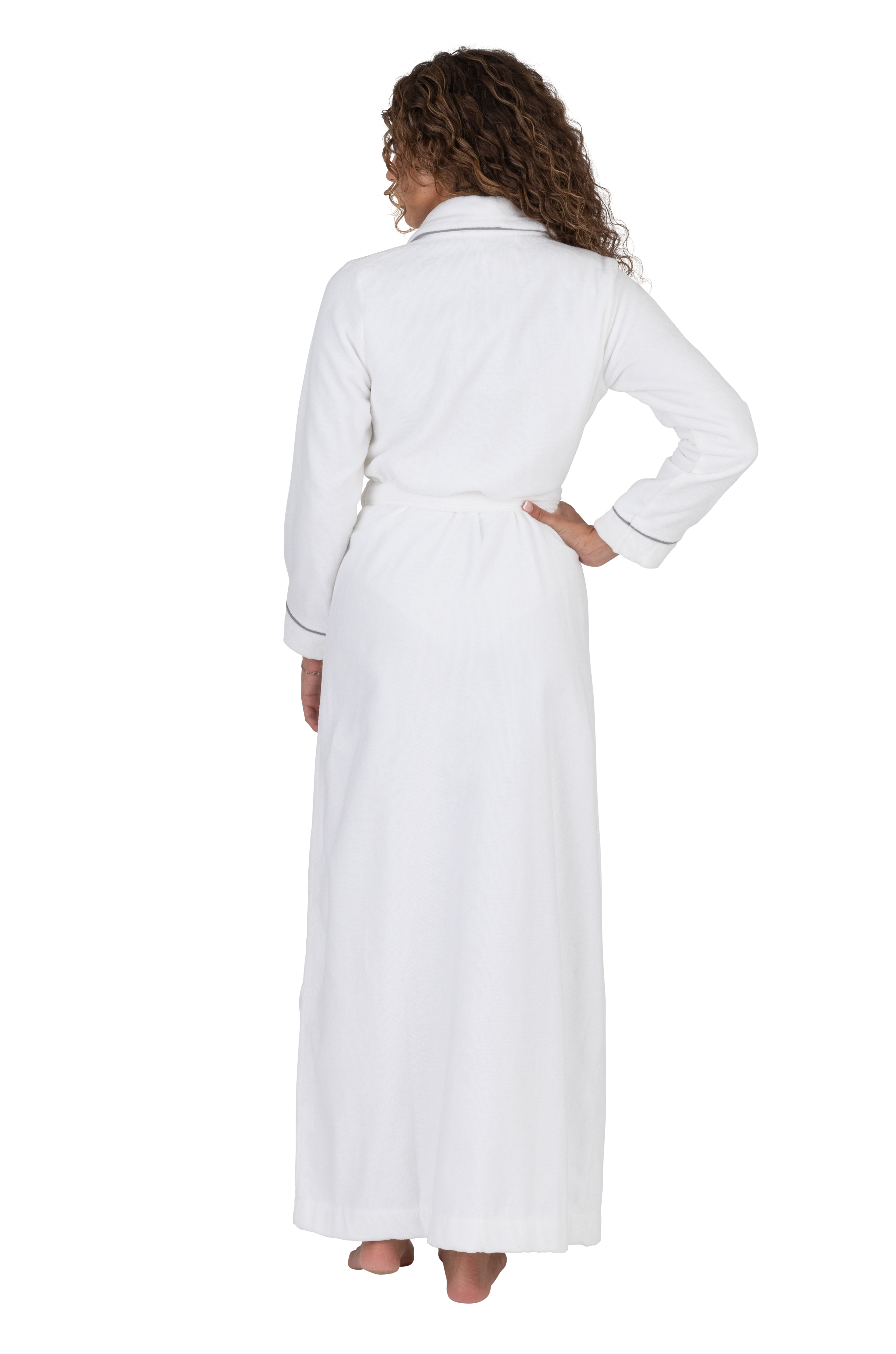 Terry Wrap Long Belted Bathrobe With Piped Trim White Gray