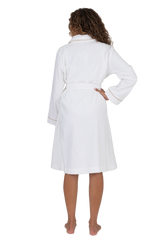 Terry Wrap Short Belted Bathrobe with Contrast Piped Trim White Mocha