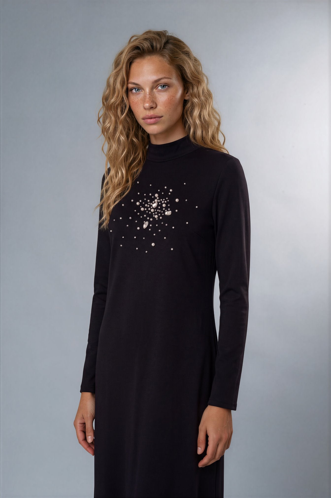 Black Crystal Burst Mock Neck Maxi Dress