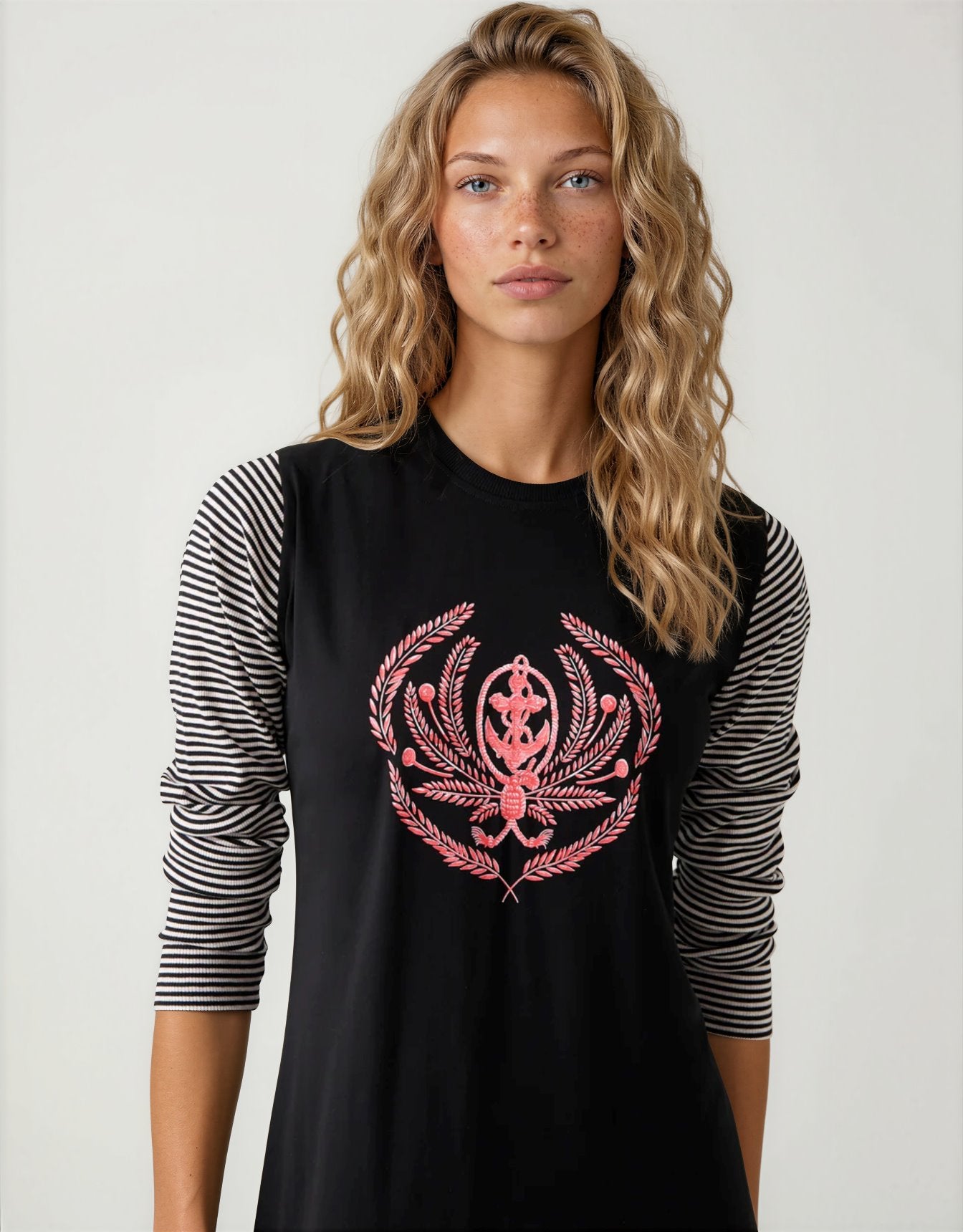 Pull On Nightgown with Crest Motif Black Stripe