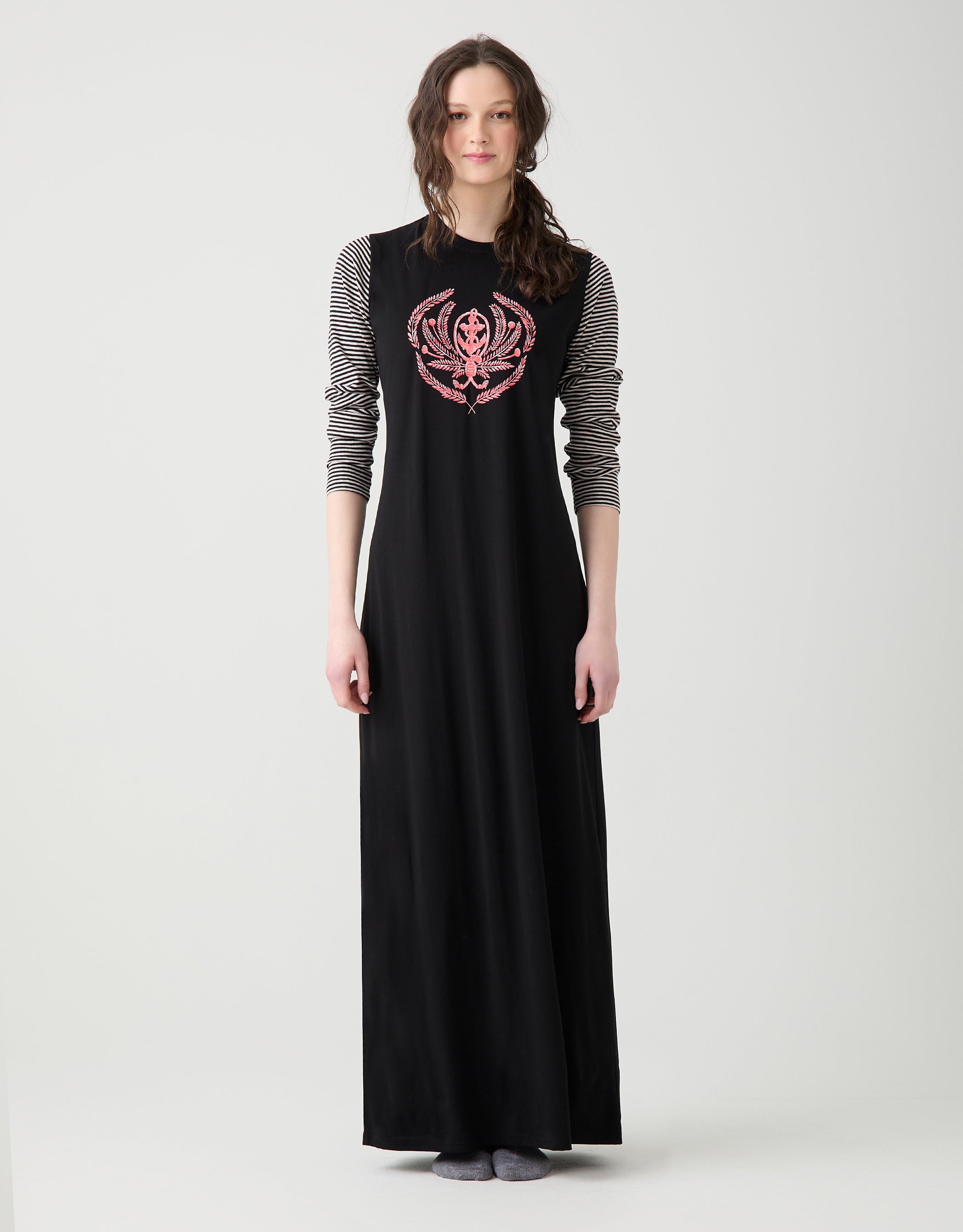 Pull On Nightgown with Crest Motif Black Stripe