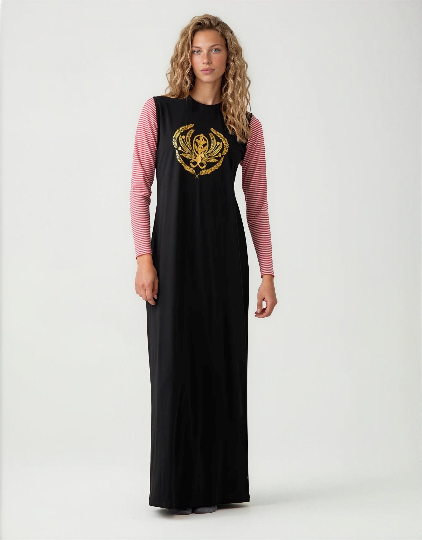 Pull On Nightgown with Crest Motif Red Stripe