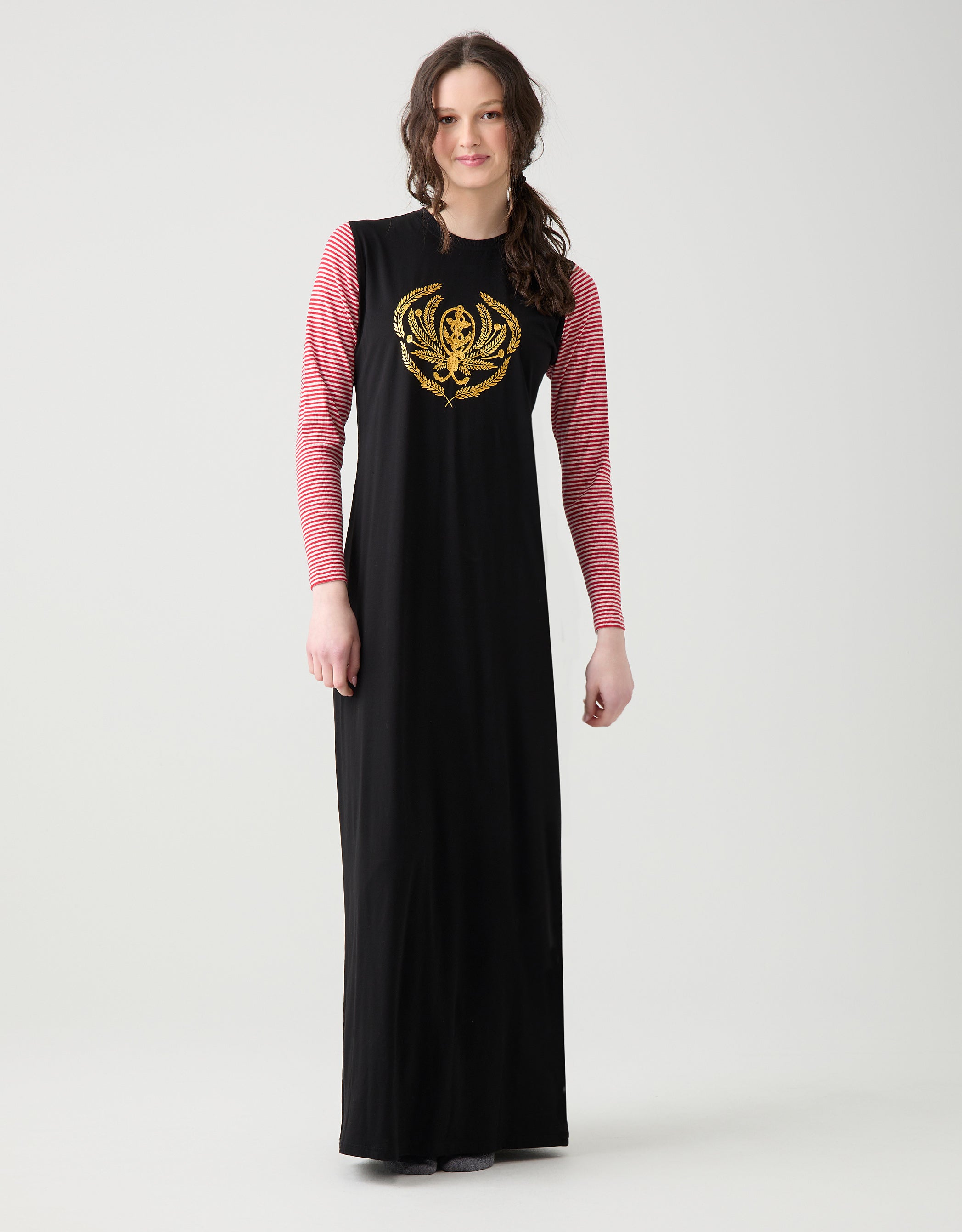Pull On Nightgown with Crest Motif Red Stripe