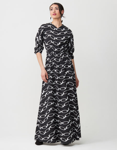 Cotton Poplin Elastic Waist Chain Print Maxi Dress Shabbos Robe