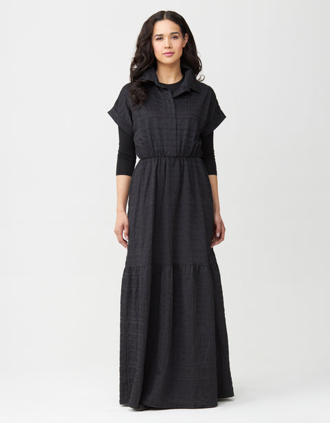 Cotton Seersucker Tiered Shirtdress Maxi Dress Shabbos Robe Black