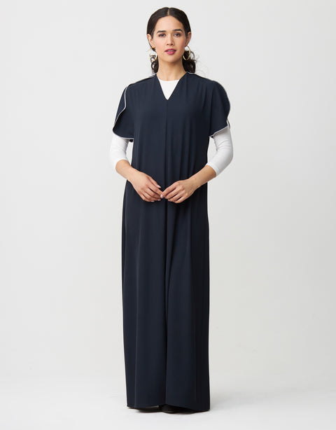 Contrast Stitched Petal Sleeve Maxi Dress Shabbos Jumper with Tie Belt Navy