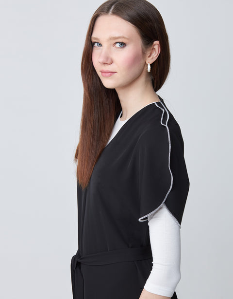 Contrast Stitched Petal Sleeve Maxi Dress Shabbos Jumper with Tie Belt Black