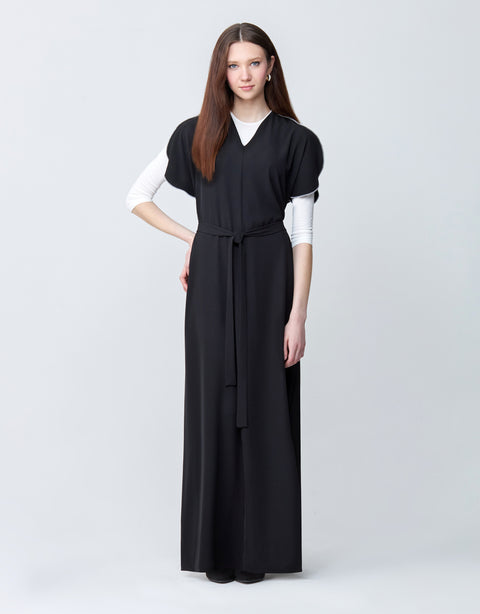 Contrast Stitched Petal Sleeve Maxi Dress Shabbos Jumper with Tie Belt Black