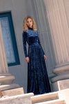 Elegant Navy Velvet Belted Maxi Dress