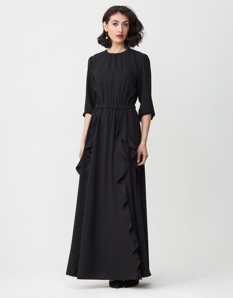 Elastic Waist Long Sleeve Lined Maxi Dress Shabbos Robe with Ruffled Skirt