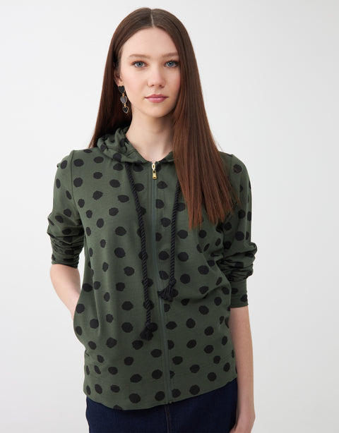 Jersey Zippered Hoodie with Rope Cord Green with Black Dots