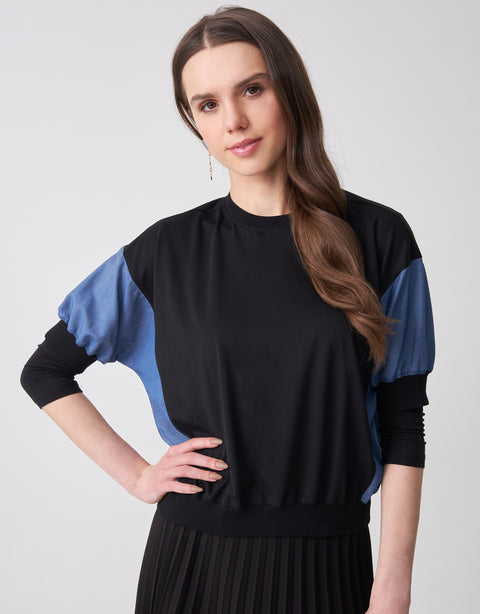 Elbow Sleeve Combo Top Black Jersey Chambray