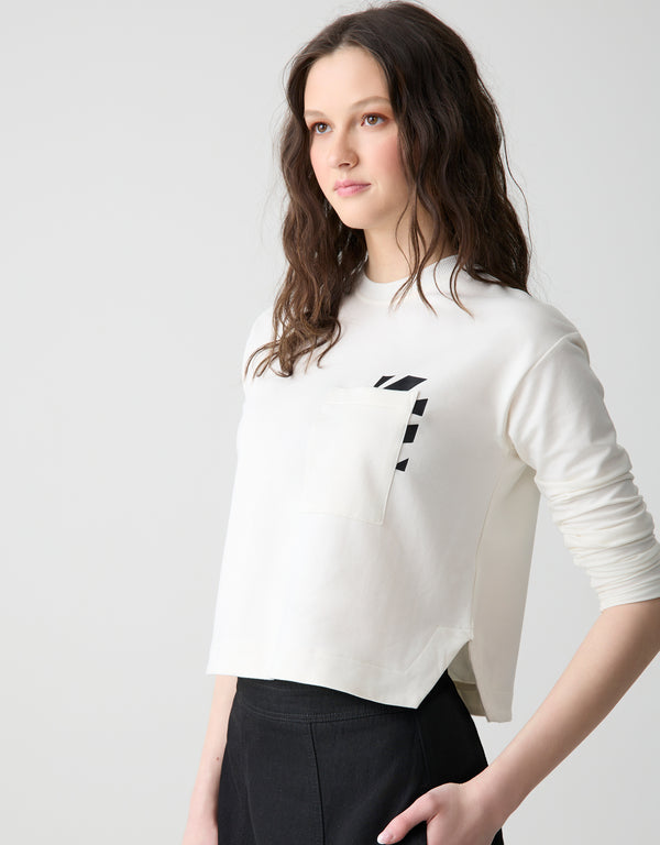 Cropped Pocket Sweatshirt with Black Starburst Motif Ivory