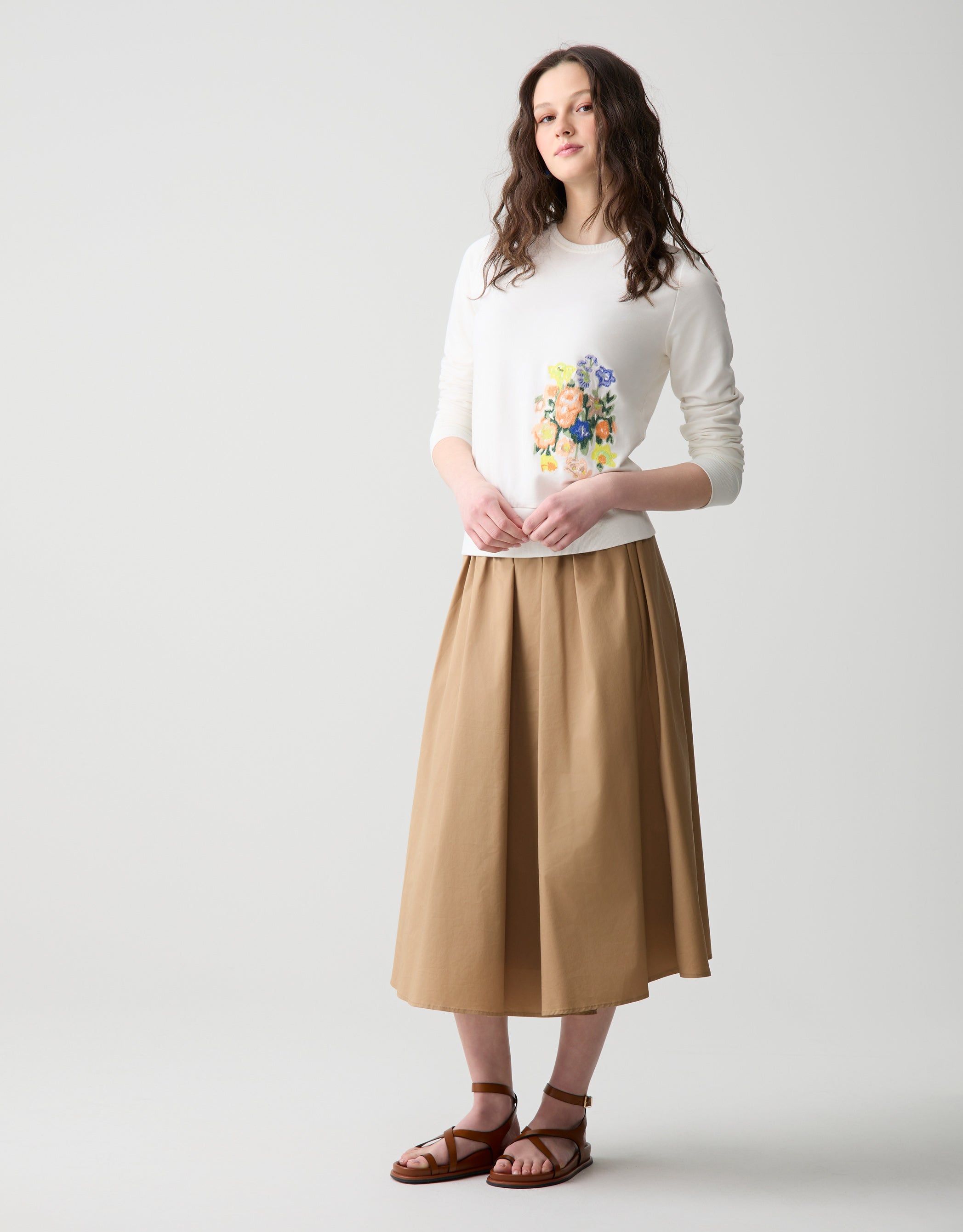 Light French Terry Sweatshirt with Embroidered Motif Ivory