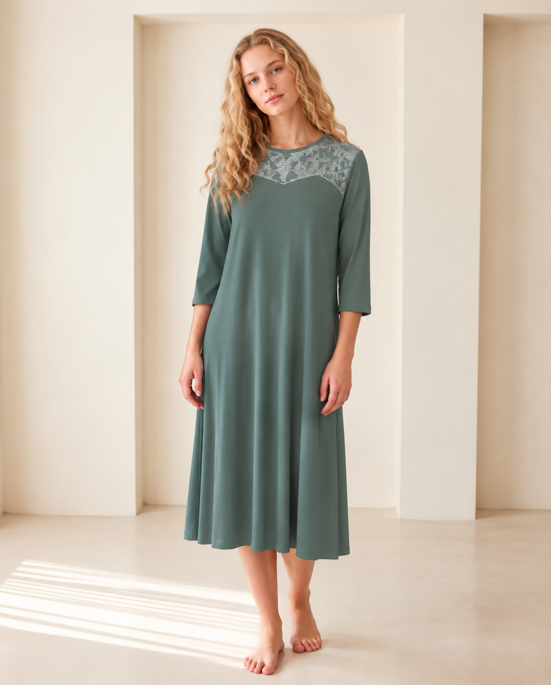 Green-gray nightshirt with three-quarter sleeves and an embroidered lace panel across the chest