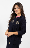 Zippered Hoodie with Embroidered Logo Motif Navy
