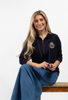 Zippered Hoodie with Embroidered Logo Motif Navy