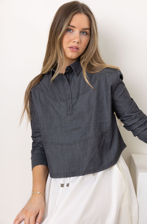 Black Denim Button Top