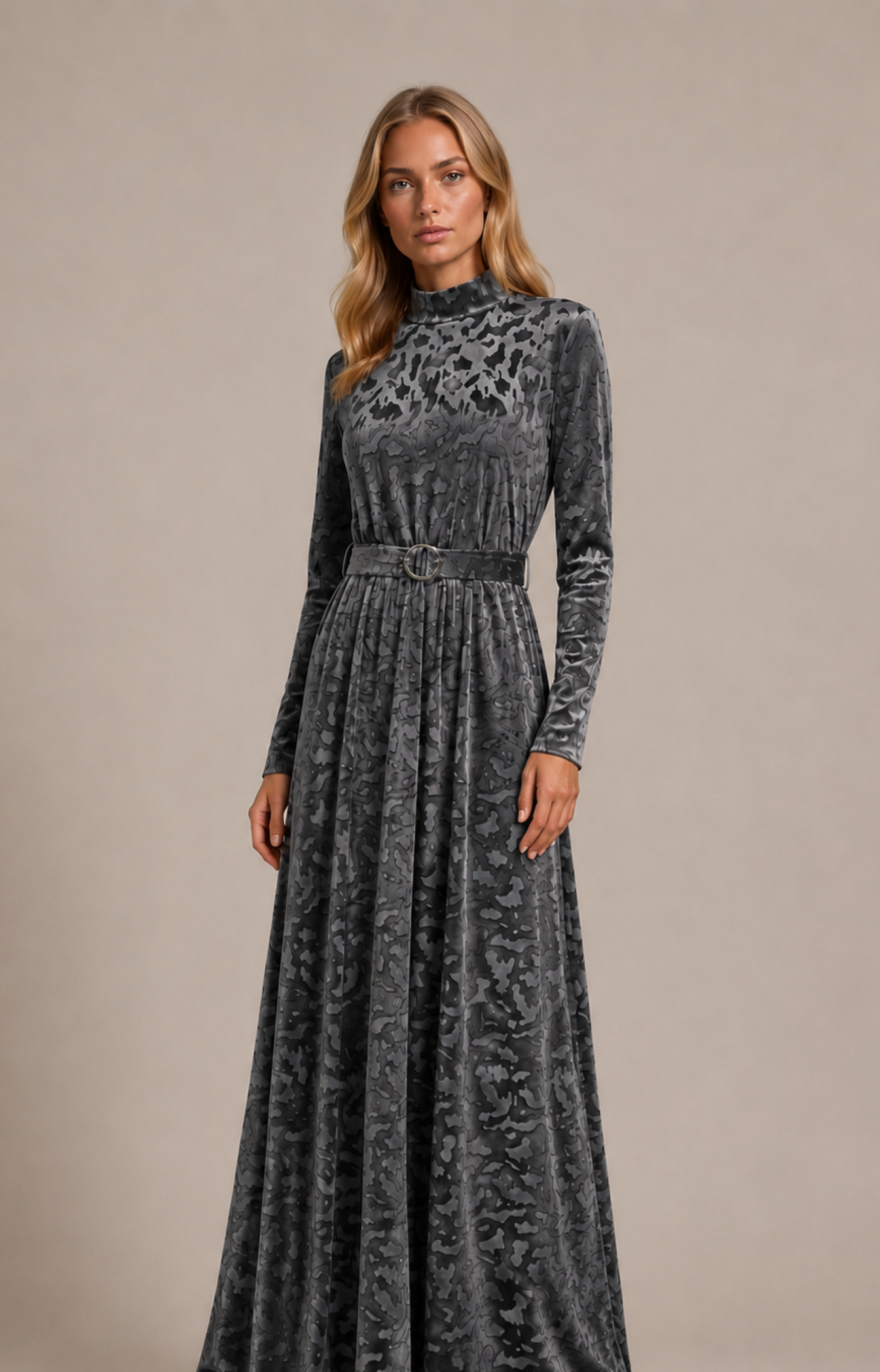 KAIA Silver Mist Belted Maxi Dress