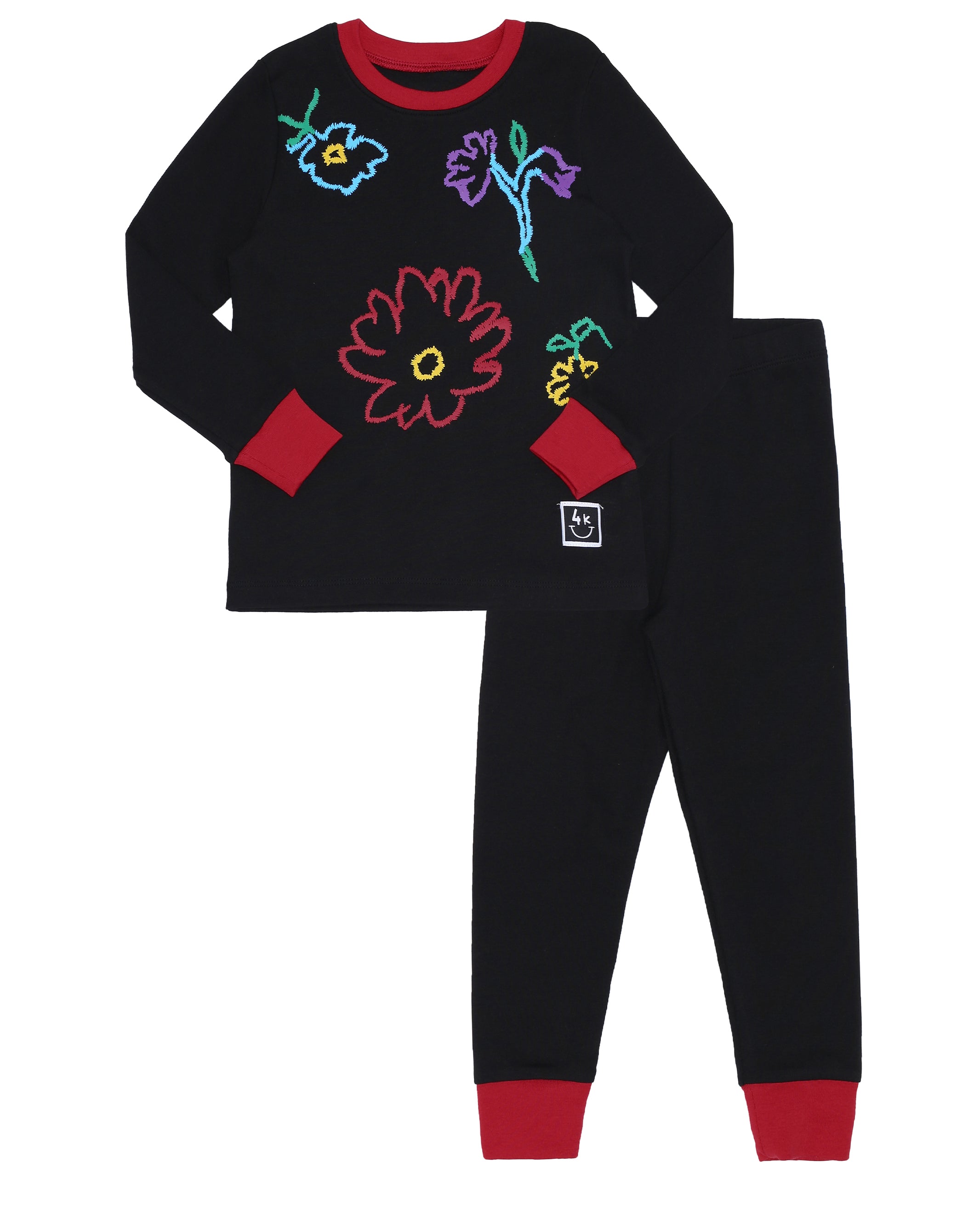 Pima Cotton Fuzzy Flowers Kids Pajamas Legging Playwear Set Black