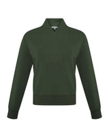 Olive green shawl-neck pullover, long sleeves, kangaroo-style front pocket