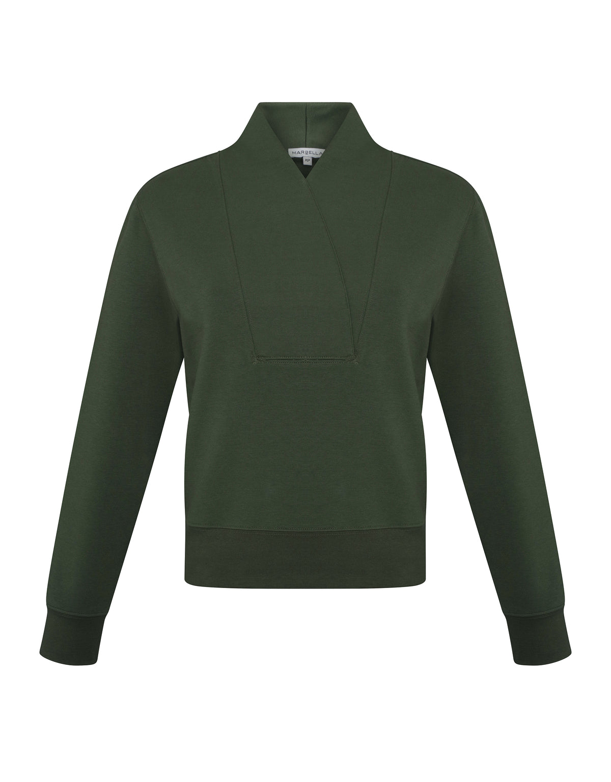 Olive green shawl-neck pullover, long sleeves, kangaroo-style front pocket