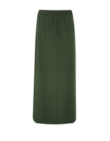 Olive maxi skirt with drawstring waistband and straight, ankle-length body