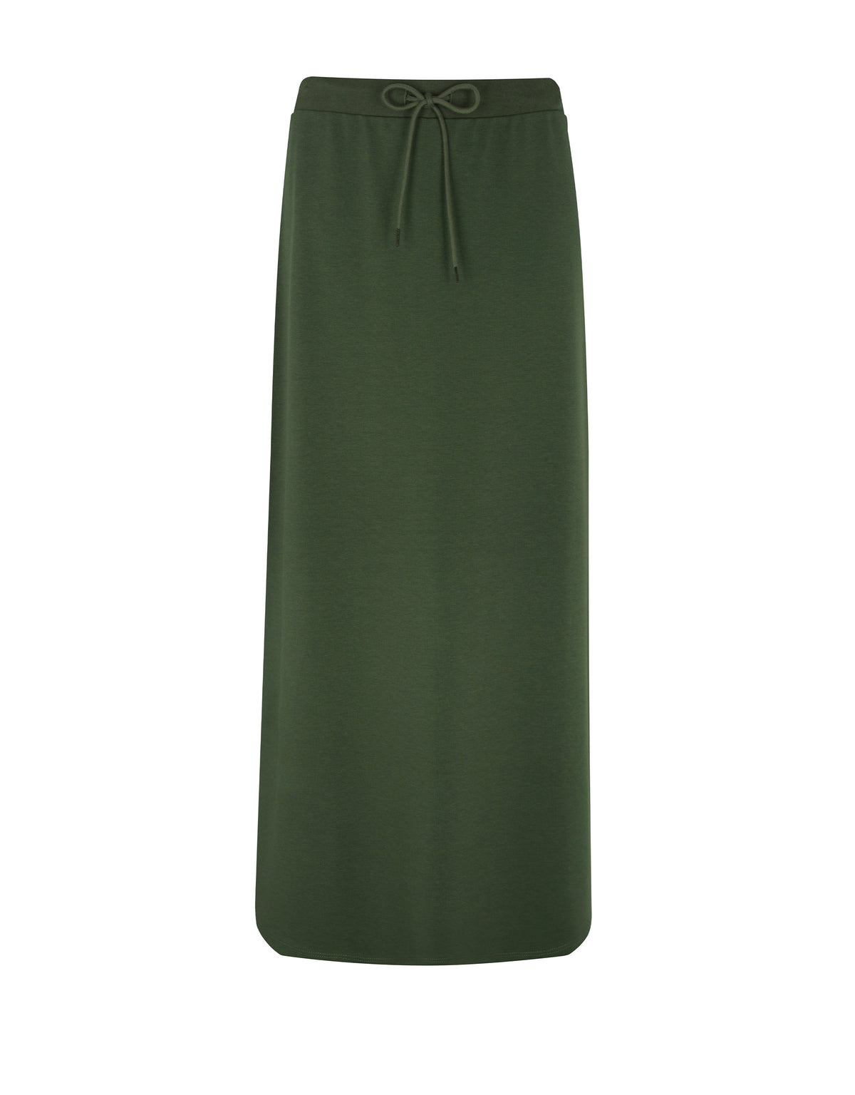 Olive maxi skirt with drawstring waistband and straight, ankle-length body