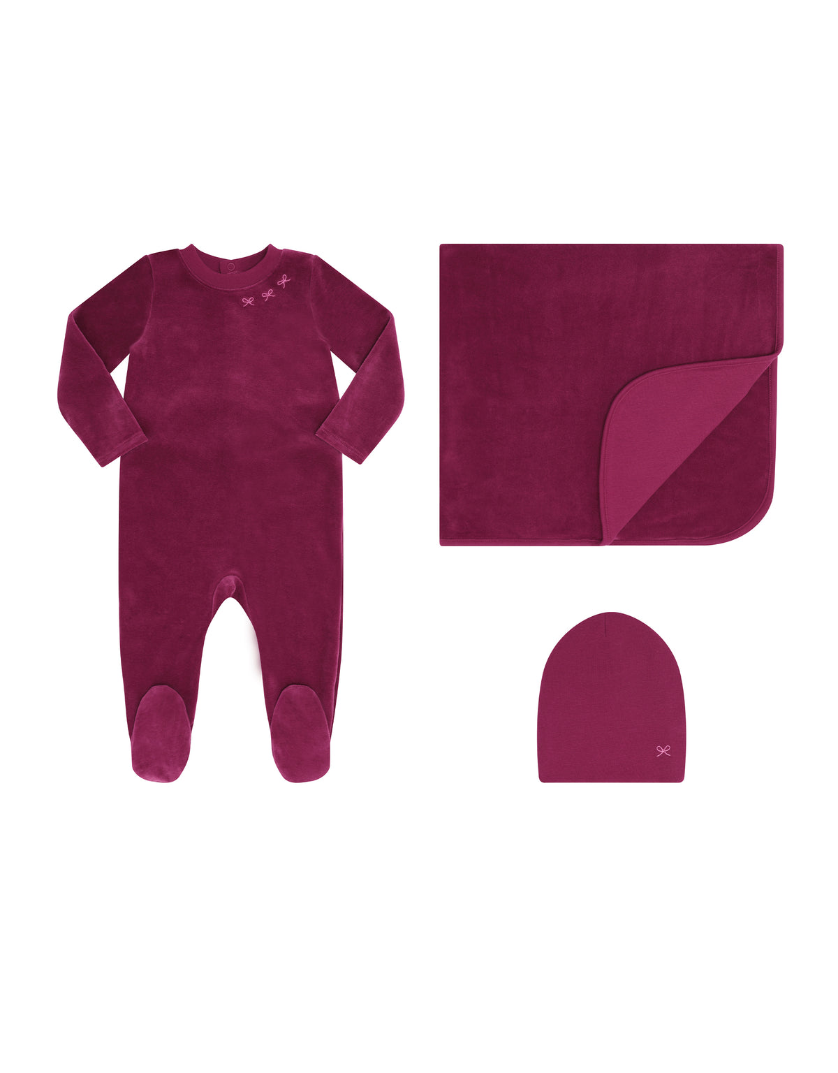 Deep Fuchsia Velour Footie, Blanket & Hat 3-Piece Set