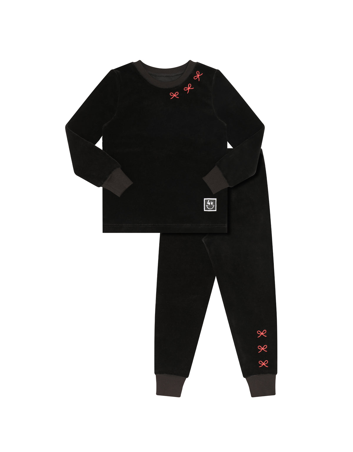Deep Black Velvet Bow 2-Piece Pajama Set